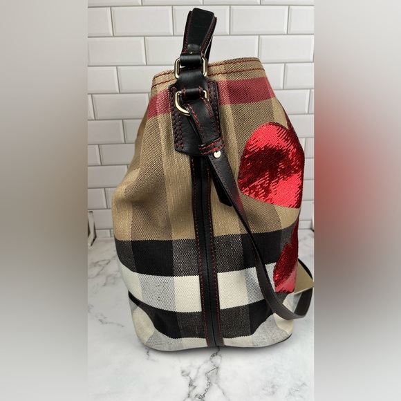 Burberry Sequin Hearts Canvas Bucket Bag Limited Edition Hearts Multi Color - Picture 7 of 14
